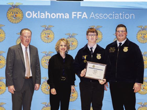 Riley Black of the Stratford FFA chapter qualified for the state finals in the FFA Greenhand Quiz Career Development Event Oct. 21 in Stillwater. Offering congratulations (from left) are Scott Nemecek, state FFA advisor; Kristin Zollinger, representing Farm Credit Associations of Oklahoma, Riley Black and Cooper Kline, state FFA president. Courtesy photo