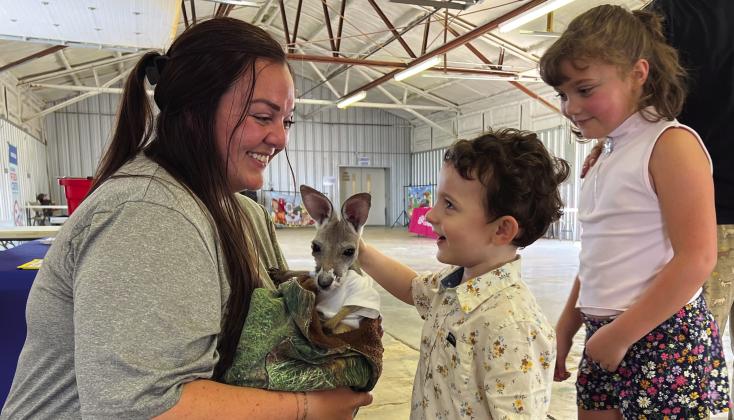 Even kangaroos hopped into the Garvin County Free Fair Kid’s Day action this year. “Mop” the kangaroo was on-hand to greet kids at the First United Bank booth and encourage them to “Hop into Saving” during the Free Fair Kid’s Day Friday. News Star photo by Suzanne Mackey