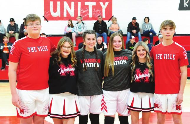 Maysville High School basketball seniors honored for Senior Night Feb. 8 are from left, Gabe Resendiz, Jayla Steakley, Landrey Howard, Sarah Sanders, Olivia Huey and Hunter Wilmot. Photo by Denny Park