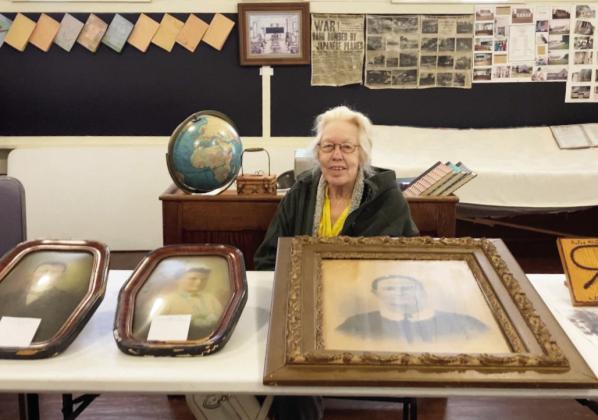 Kay Cameron Webb, of Blanchard, visited the Pikes Peak School Museum near Lindsay January 20. While there, she donated framed pictures of her great aunt, Lizzie Mayfield Cameron Bell, who lived in Purdy in the early 1900’s. Photo courtesy of Thelma Love.