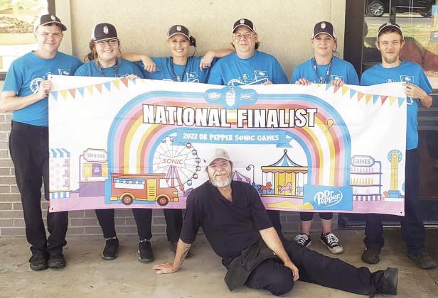 The Stratford Sonic's Final 12 team will take their turn competing for the Dr Pepper Sonic Games Championship Sunday at the Stratford Drive-In. Competing team members are (left to right) Austin Harris, Katlyn Lewis, Annie Potts-Harris, April Mitchell, Jeremy Smith, Robert Harris Jr. and (seated in front) Robert Harris.