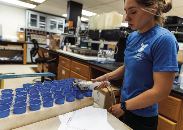 Alex Krueger, a laboratory technician with the Oklahoma State University Soil, Water and Forage Analytical Laboratory, uses a dispensing pump to add water to soil samples for pH testing. Photo by Mitchell Alcala, OSU Agriculture