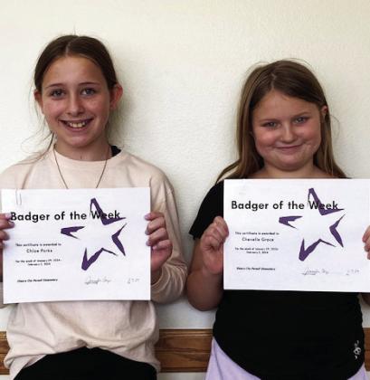 Elmore City-Pernell Elementary Badgers of the Week for the week of January 29 are Chloe Parks (left) and Chevelle Grace. Chloe is in Mrs. Foster's class, and Chevelle is in Mrs. Huebner's class. The Badgers of the Week program is sponsored by Nancy and Danny Dill. Photo courtesy of Jennifer Earp