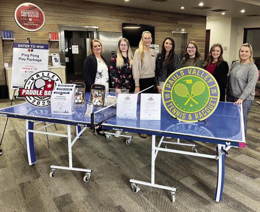 As a Valley Paddle Battle sponsor, First United Bank in Pauls Valley will be giving away a pingpong table prize package during the Valley Paddle Battle table tennis tournament Feb. 1. Details on how to enter the drawing are available in the bank‘s lobby and on their Facebook page. News Star photo by Suzanne Mackey
