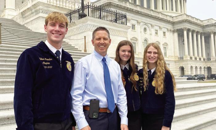 Stratford FFA members Walker Chandler, Grace Wright and Madi Rich had the opportunity to meet Congressman Josh Brecheen on the steps of the U.S. Capitol while attending a leadership conference in Washington, D.C., in June. Congressman Brecheen was the Oklahoma State FFA president in 19981999.