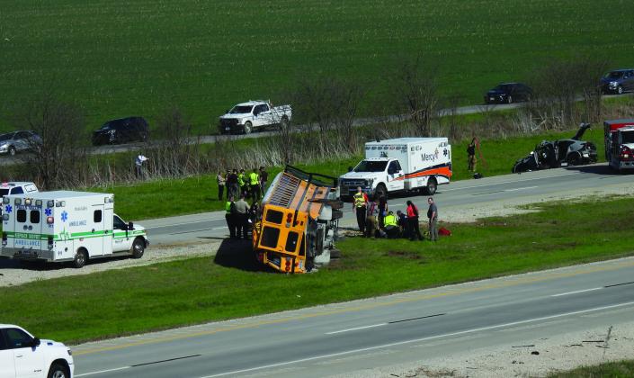 In April 2025, local emergency crews responded to a collision on I-35 near Pauls Valley involving a passenger vehicle and a school bus. The bus was being transported between districts, and the driver, who was injured, was the only occupant at the time of the collision. News Star photo by Suzanne Mackey