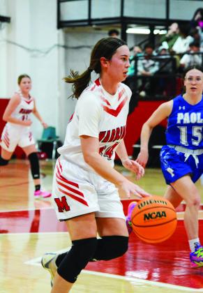 Maysville’s Allison Sanders brings the ball down court during Tuesday’s homecoming game against Paoli. The Lady Warriors beat Paoli, 36-22, to bring their season record to 10-2. News Star photo by Denny Park