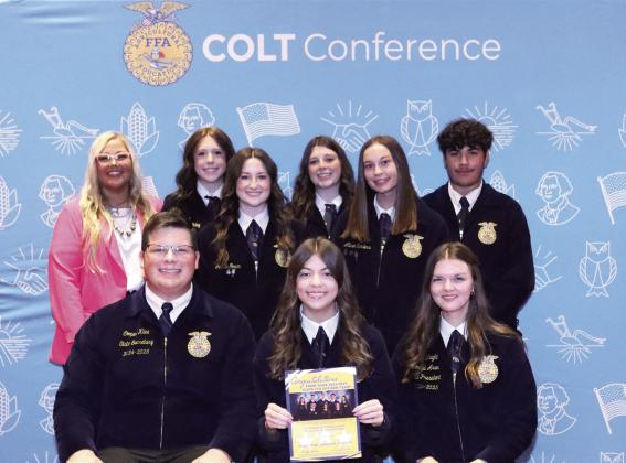 Pictured back row, left to right are Maysville FFA adviser Brittany Morphew, Avery Riley, Jaci McGowen, Jolie Summers, Allison Sanders and Ricky Zendejas. Front row, left to right are Cooper Kline, North Rock Creek, state secretary; Maysville FFA President Addi Allen; and Grace Wright, Stratford, central area vice-president. Courtesy photo