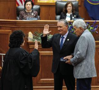 Chickasaw Nation Lt. Governor Scott Wood takes his oath of office, administered by Chickasaw Nation Supreme Court Chief Justice Cheri Bellefeuille-Gordon, June 26, 2026. Photo courtesy of Chickasaw Nation.