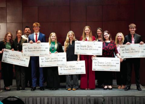 2026 Oklahoma Business Week Champion Team, from left to right, Lydia Gee (College Leader), Isabella McCoy, Michael Scott (Dean), Thomas Gillenwater, Tayler Spaulding, Lillian Harper, Danielle Botes, Stacey Bolin (Camp Director), Breanna Larsen, Taya Underwood (Company Advisor), Buddy Abney. Photo courtesy ECU