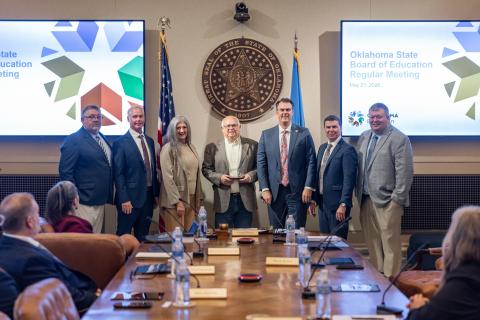 (L-R) Pauls Valley High School Assistant Principal Chad Chronister, Pauls Valley Coach Mark Green, Rep. Cynthia Roe, Pauls Valley High School Principal Kirk Moore, Gov. Kevin Stitt, Oklahoma State Superintendent of Public Instruction Lindel Fields and Pauls Valley Superintendent Brett Knight. Courtesy photo.