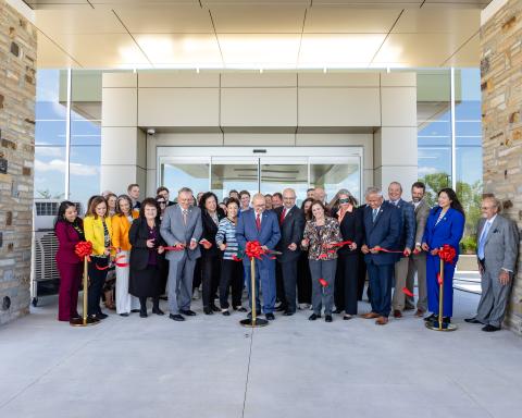 Chickasaw Nation Governor Bill Anoatubby, center, and Lt. Governor Chris Anoatubby are joined by tribal elected officials, Chickasaw Nation Department of Health leaders and staff in dedication ceremonies June 1 for the Chickasaw Nation Integrative Medicine Clinic, 1826 Anhi Drive, on the Ada South Campus.