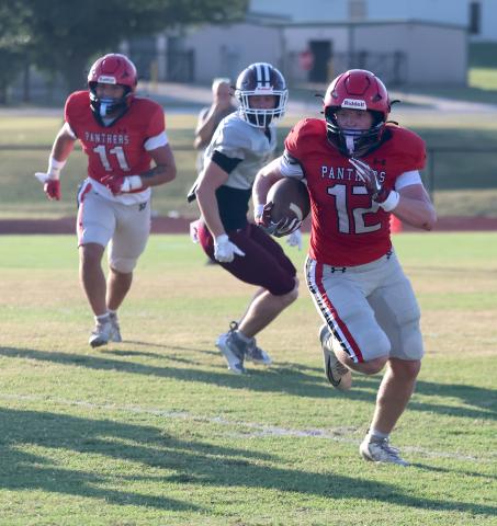 The Pauls Valley Panthers had their moments in Friday night’s scrimmage with Ada. The Panthers are gearing up for their season opener September 4 at Dickson. Photo by Mike Arie