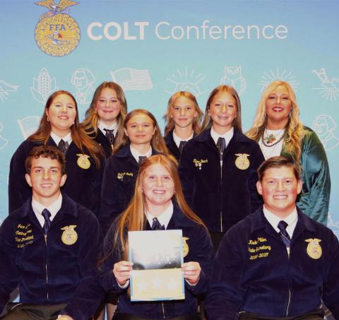 Maysville FFA officers recently attended the COLT conference in Norman. The conference was led by State FFA Officers, which include Central Area Vice President Jace Myers, of Perkins-Tryon (front left) and State Secretary Kaden Pillar, of Purcell (front right). Courtesy photo