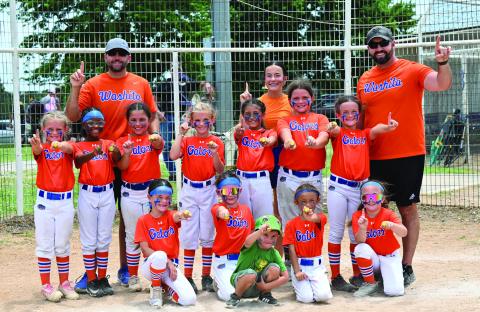 The Washita Gators went undefeated in the Garvin Murray OK Kids League 8U Softball for the 2026 season. Below (l) Cami Ruiz runs the bases and (r) Emery Lopez tries to get an extra base run during the 8U Softball game in Lindsay on Sunday. News Star photos by Don Coffey