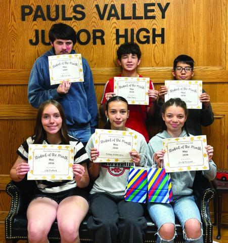 Pauls Valley Junior High Students of the Month for May were (front row, from left) Lily Rowland, Melany Balderrama, Emily Morrison, (back row, from left) Colton Brown, Aleks Nunez and Jesus Ramirez-Arellano. Courtesy photo