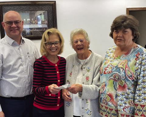 The Antioch ABC OHCE club of Garvin County recently made a donation to the Purcell First Christian Church in memory of fellow club member Jeanne Rowlett. Pictured left to right are Pastor Robert Ferris, Church Treasurer Carma Taylor, Antioch ABC President Chestine Box and club and church member Carol Darrow. Courtesy Photo