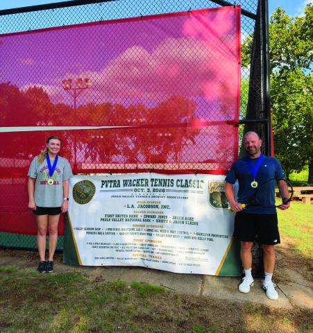Rachel Huggans, of Pauls Valley, and Everson Wendt, of Florianopolis, Brazil, claimed the first place spot in the Open Mixed Doubles bracket of PVTRA’s Wacker Tennis Classic Oct. 4. Photo courtesy of PVTRA