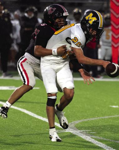 Josh Capuchino forces a Madill fumble during Pauls Valley’s 35-0 win over the Wildcats Friday night. Photo by Mike Arie