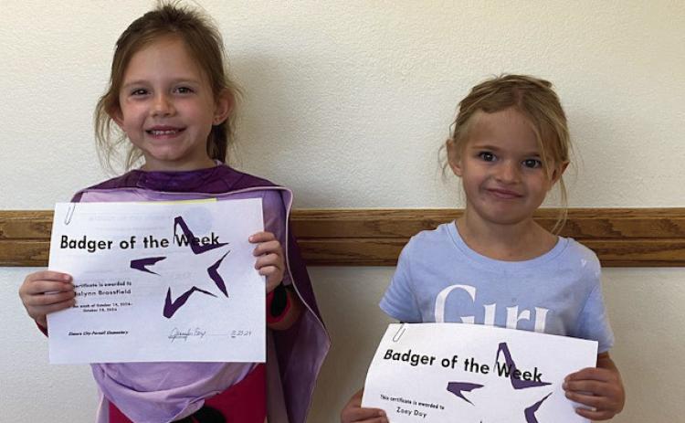 The Elmore City-Pernell Elementary School Badgers of the Week for the week of Oct. 22 were Adalynn and Zoey. Adalynn is in Mrs. Ferris' class, and Zoey is in Mrs. Watson's class. Courtesy photo