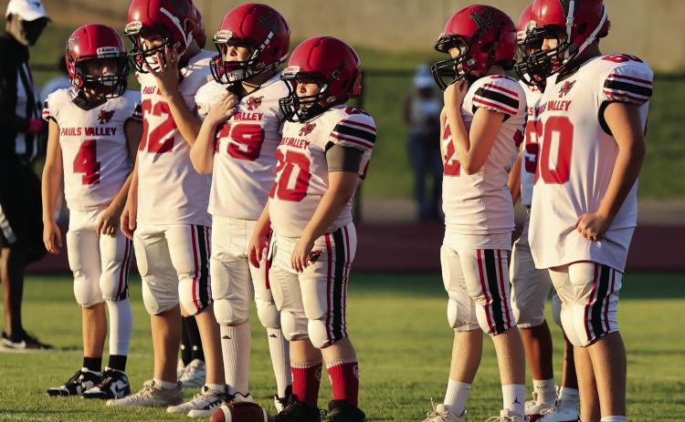 Pauls Valley’s fifth grade offensive line waits for the ready whistle during the 3 Rivers Championship game Saturday in Sulphur. In a hard fought battle, the Panthers lost a heartbreaker 14-12 in 3 overtimes to Sulphur. Photo by Mike Arie