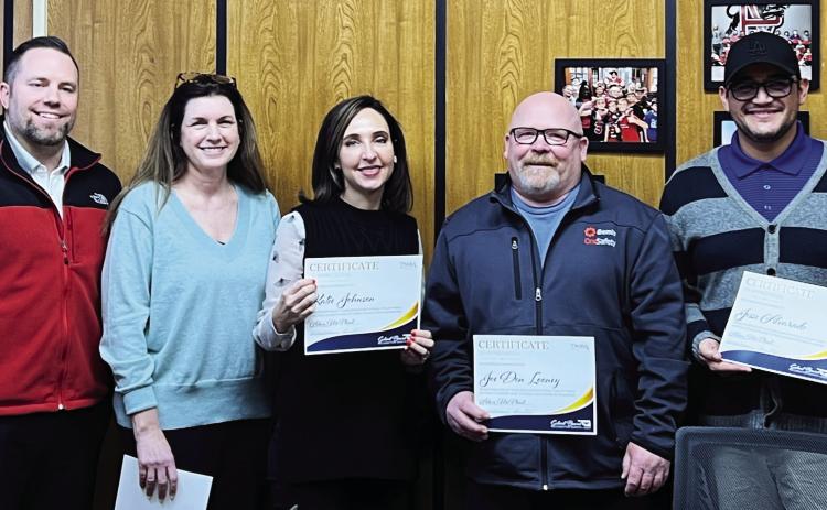 Pauls Valley school board members were recognized with certificates of appreciation during the district’s regular school board meeting Jan. 10. Pictured left to right are Pauls Valley Superintendent Adam McPhail and school board members Richelle Humphrey, Katie Johnson, Joe Don Looney and Jesse Alvarado. Not pictured is board member JR Jackson. News Star photo by Suzanne Mackey