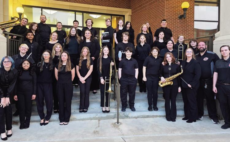 The Pride of Lindsay Band poses for a photograph before its performance at the Oklahoma Secondary School Activities Association (OSSAA) State Concert Contest April 1, 2026, at East Central University’s Hallie Brown Ford Fine Arts Center in Ada. Photo by Brandy McDonnell