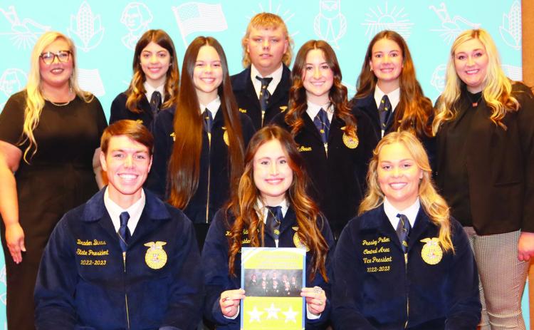 Maysville High School FFA officers attended the annual FFA COLT Conference held in Norman Sept. 6. Standing, from left, are FFA Adviser Brittany Morphew, Vice-President Addi Allen, Secretary Avery Henson, Sentinel Rowdy Knox, Treasurer Jaci McGowen, Reporter Briley Wood, and OSU student teacher Megan Olson. Sitting, from left, are Braden Burns of Kingfisher, State President; Maysville FFA President Gracie Edwards; and Presley Pullen of Stratford, Central Area Vice-President. Courtesy photo