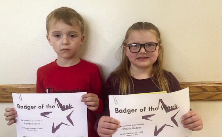 Badgers of the Week for the week of Jan. 3 are Camdon Thorn and Willow Maddox. Both students are in Mrs. Watson's Pre-K class. Photo courtesy of Jennifer Earp.