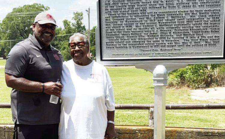 Marques Thomas (left) and Mae Hall (right) attended the dedication of a historical marker for the Lincoln Separate School Grounds in Wynnewood on June 19. Thomas currently serves on Wynnewood's school board and Hall, who is mentioned in the text of the marker, was the first black teacher in the Wynnewood school system following integration in 1956. Hall taught in the Wynnewood school district from 1971 until her retirement in 2000. Photo courtesy of Jokori Taylor