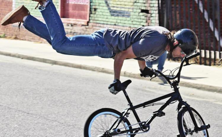 Rich Wieber performing at the 2021 Vintage in the Valley Bicycle Stunt Show.