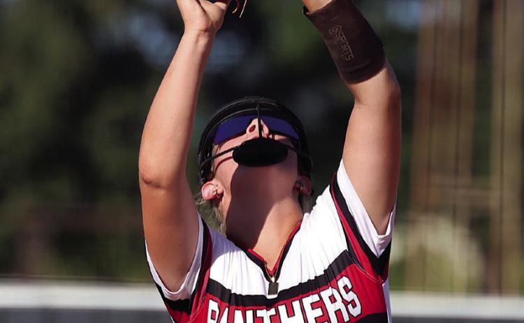 Daylee O’Bryant camps out under a fly ball during the Lady Panthers 12-5 win over Varnum Tuesday. News Star photo by Mike Arie