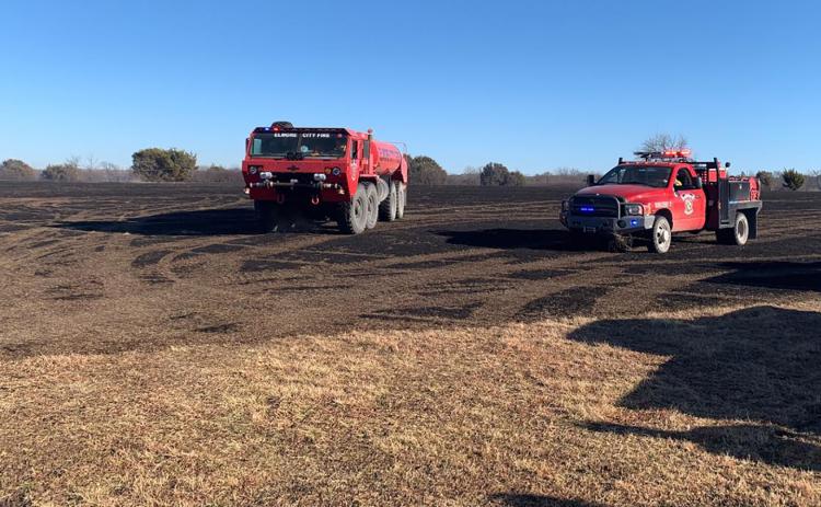 Elmore City fire crews responding to a grass fire earlier this year. Photo courtesy of Elmore City Fire Dept.