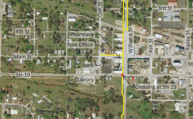 The yellow lines show where new ADA compliant sidewalks could be installed if the town of Maysville is awarded a Transportation Alternatives Program grant through the Oklahoma Department of Transportation. The Maysville Board of Trustees approved a resolution to apply for the grant during their regular meeting Nov. 21.