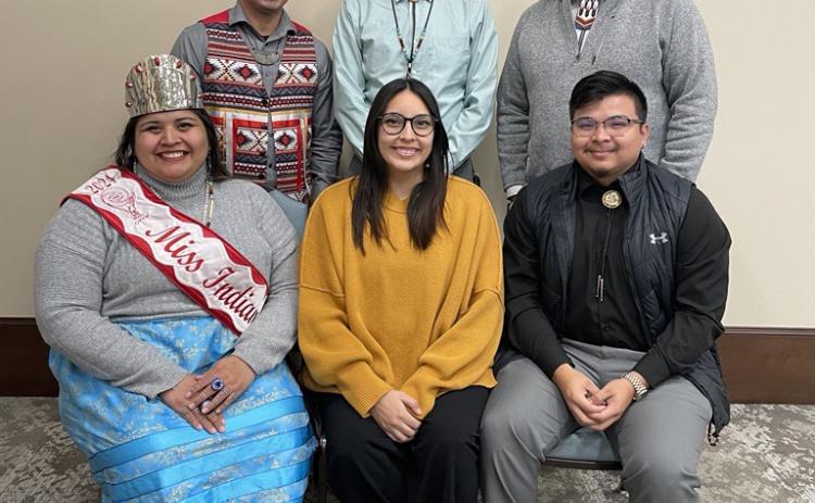 The Chikasha Academy Adult Immersion Program will soon graduate five highly motivated students who will then teach the Chickasaw language to others. They include, front row from left, Faithlyn Seawright, Briana Mason, and Jason Morgan. Back row from left, Jared Walker, Elias Brown and language instructor Ric Greenwood.
