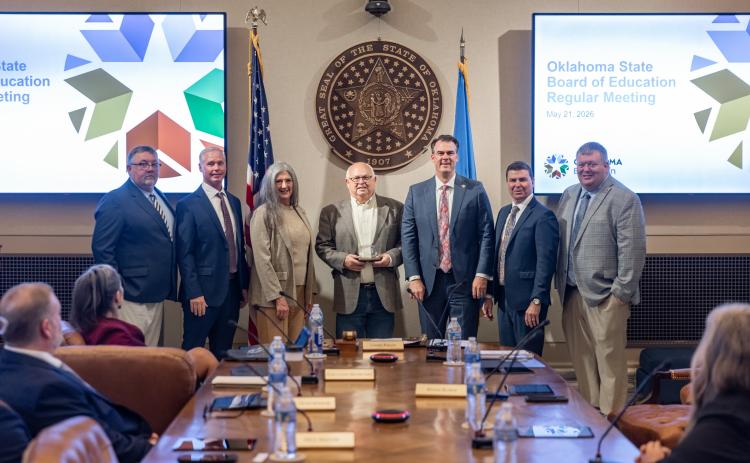 (L-R) Pauls Valley High School Assistant Principal Chad Chronister, Pauls Valley Coach Mark Green, Rep. Cynthia Roe, Pauls Valley High School Principal Kirk Moore, Gov. Kevin Stitt, Oklahoma State Superintendent of Public Instruction Lindel Fields and Pauls Valley Superintendent Brett Knight. Courtesy photo.