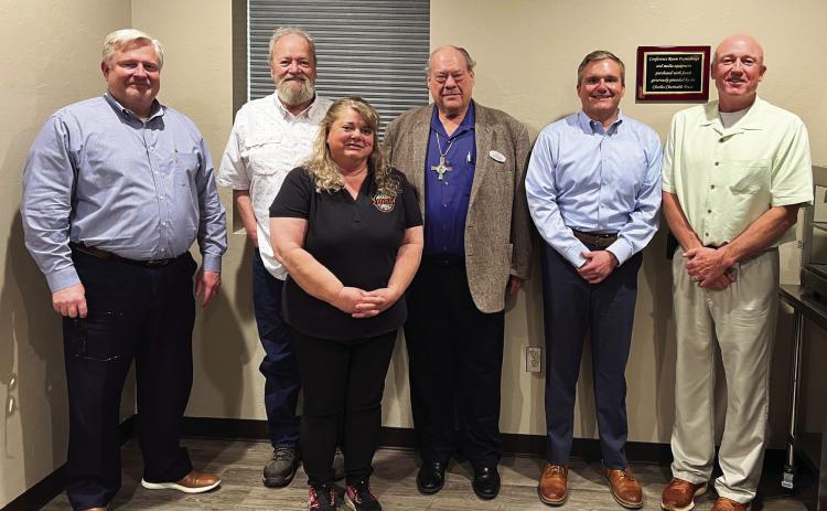 Pictured left to right: Lindsay Municipal Hospital CEO Jeff Walraven, Ben Holder, Lindsay City Manager Sally Jantz, Lindsay United Methodist Church Pastor Alan Nagel, Trust financial advisor Robert Rogers, and Lindsay Schools Superintendent Chuck Karpe. News Star photo by Suzanne Mackey