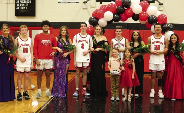 Homecoming Court (l-r) Nolan Hall, Kourtney Willingham, Jaden Alberson, Sean Harian, Jadyn Oldham, Axel McKinney, Hunter Morton, Shawnda McMillen, Wanbli White Hat, Lundyn Anderson and George Aguinaga, with crown bearer, Knox Gerst, and flower girl, Hattie Hallmark.