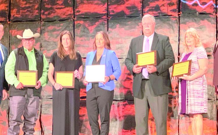 The 2022 OSSBA All-State School Board Members were recognized during the association's Education Leadership Conference Aug. 25-28. Pictured are (l-r) OSSBA Executive Director Shawn Hime; All-State Board Members Andrew Snell, Richelle Humphrey, Paula Lewis, Rick Gowin and Kandy Collins; and OSSBA President Scott Abbott. Photo courtesy of Mike Martin