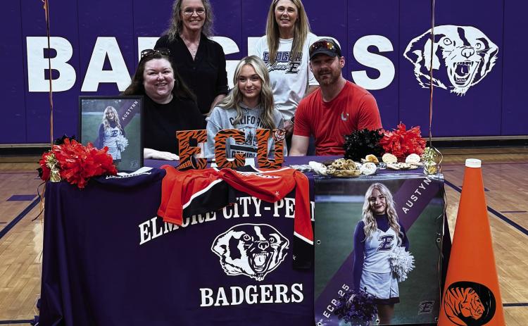 Elmore City-Pernell senior Austynn Duley recently signed a letter of intent to join East Central University’s Cheer team in the fall. Pictured left to right are Natalie Duley, ECU Coach Janesa Miller, Austynn Duley, ECP Coach Kristal Patterson and Chris Duley. Courtesy photo