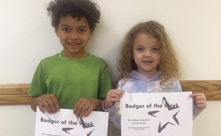 Badgers of the Week for the week of January 23, 2012, are Kalvyn Moore-Davidson and Olivia Yeiser. Kalvyn is in Mrs. Ferris' class, and Olivia is in Mrs. Faucett's classroom. Photo courtesy of Jennifer Earp.
