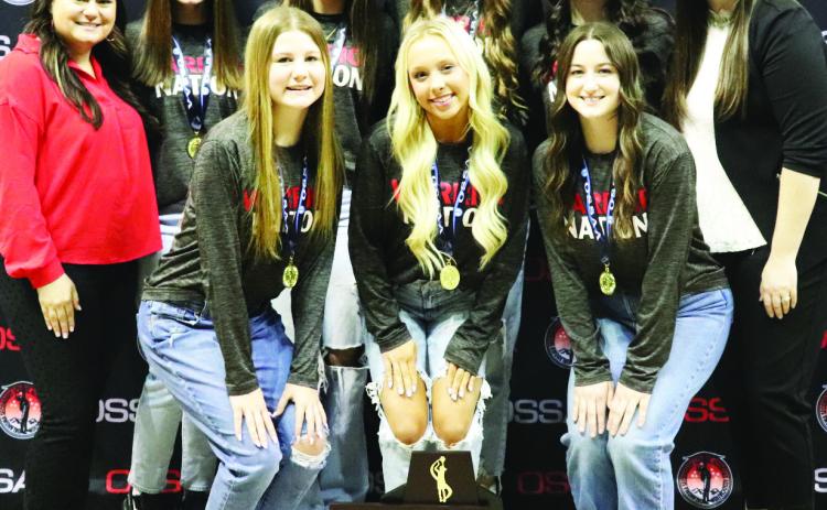 The Maysville High School girls basketball team was recently recognized as OSSAA Class B Academic State Basketball Champions. The team had a combined GPA of 3.97. Back row, from left are Assistant Coach Maggie Shannon, Allison Sanders, Avery Riley, Kelsey House, Jolie Summers and Head Coach Jordan Mejia. Front row, from left, are Claire Mann, Allison Riley and Jaci McGowen. Photo courtesy of Krysti Kesler.