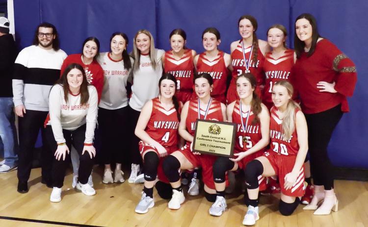 Maysville’s Lady Warriors won the South Central Conference Tournament Championship Saturday in Paoli. Maysville went undefeated in the conference with wins over Millcreek, Springer and Turner. The Warriors are 8-3 on the season and play Thackerville this Friday evening at Thackerville. News Star photo by Chris Mackey