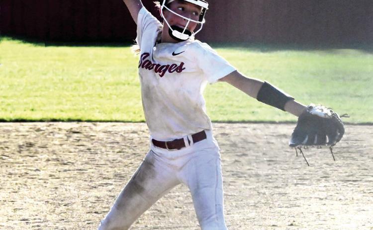 Paxtyn Mooney throws a pitch during a game at Stratford’s Junior High Tournament Saturday. The Lady Savages beat Stratford 6-4 in first-round play, then lost to Dibble 7-1 in the second round. They rallied in the third round to beat Linday 5-3 and take third place in the tournament. News Star photo by Don Coffey