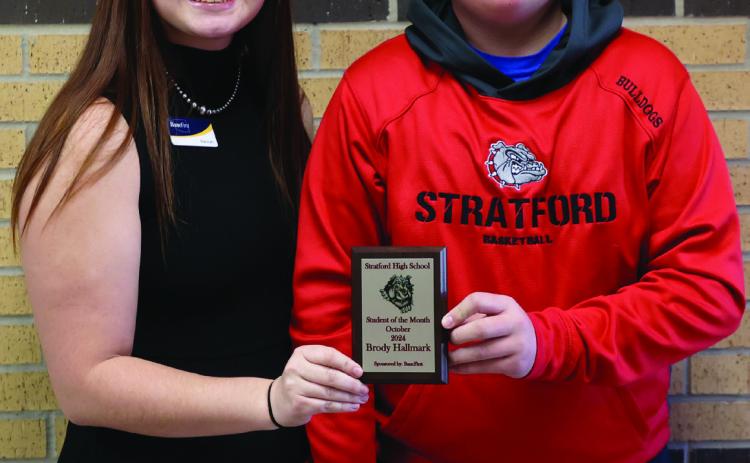 Brody Hallmark was recently named October Student of the Month at Stratford High School. Hallmark is the son of Whytne and Kyle Hallmark. His award was presented by Hannah Vanschuyver of BancFirst, a sponsor of the Student of the Month program. Courtesy photo
