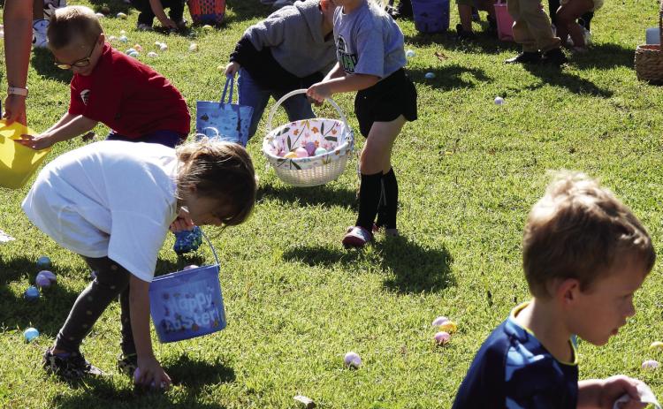 Children scramble to gather Easter Eggs during Pauls Valley’s Egg Hunt at Wacker Park Saturday. News Star photo by Chris Mackey