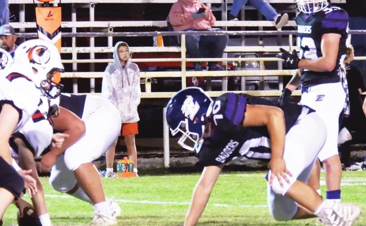 The Badgers' defensive lineman Brysen Arrington waits for the snap of the ball against Rush Springs. Photo by Chris Mackey