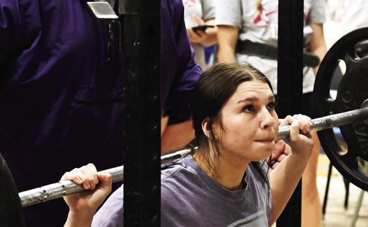 Elmore City-Pernell’s Emma Reames placed fourth in her weight class at the Dibble Powerlifting Meet Feb. 4. News Star photo by Don Coffey