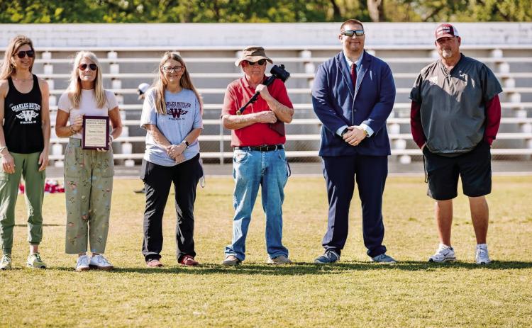 Pictured, from left, Bethany Butler Myers, Tammy Grove, Amie Butler Lampkin, Don Coffey, Kale Lampkin and Coach Brad O’Steen. News Star photo by Jamell Williams