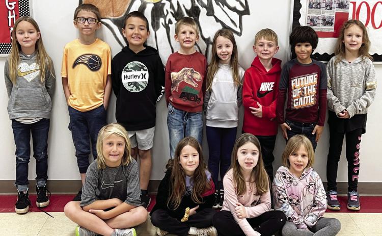 Mrs. Smith's first grade class, front row, from left: Cavan Murray, Charlee Smith, Kamryn White, Ellie Williams. Back Row: Jacey Armstrong, Jace Barth, Beaux Covert, Braxton Crawford, Brittyn Hailey, Paxton Lemieux, Jayden Mckee Caroline Montgomery. Absent: Billy Oldham.